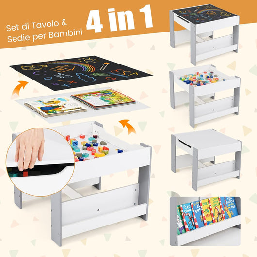 Set Tavolino Bambini con 2 Sedie per 3+ Anni, Tavolo e Sedie 4 in 1 con Lavagna Rimovibile, Librerie e Scatola in Tessuto, Mobile Salvaspazio per Scuola, Asilo e Cameretta (Bianco e Grigio)