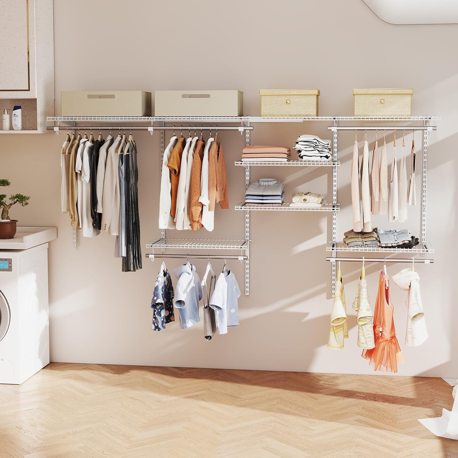 Guardaroba Parete 122-244 CM, Sistema di Organizzazione Regolabile con Asta Pendente, Appendiabiti Metallica, Sistema di Organizzazione e Stoccaggio Armadi per Camera da Letto (Bianco)