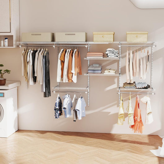 Guardaroba Parete 122-244 CM, Sistema di Organizzazione Regolabile con Asta Pendente, Appendiabiti Metallica, Sistema di Organizzazione e Stoccaggio Armadi per Camera da Letto (Bianco)