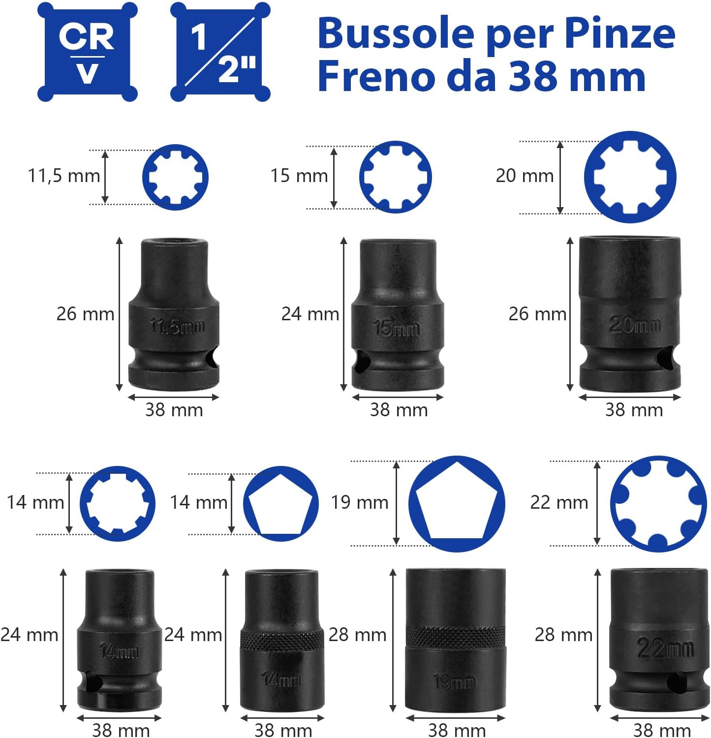 Set di Bussole per Pinze Freno da 16 Pezzi, Kit di Attrezzi per la Regolazione dei Freni con Chiave di Trasmissione da 1/2”, Compatibile con Vari Veicoli, 28 x 7 x 18 cm (Blu)