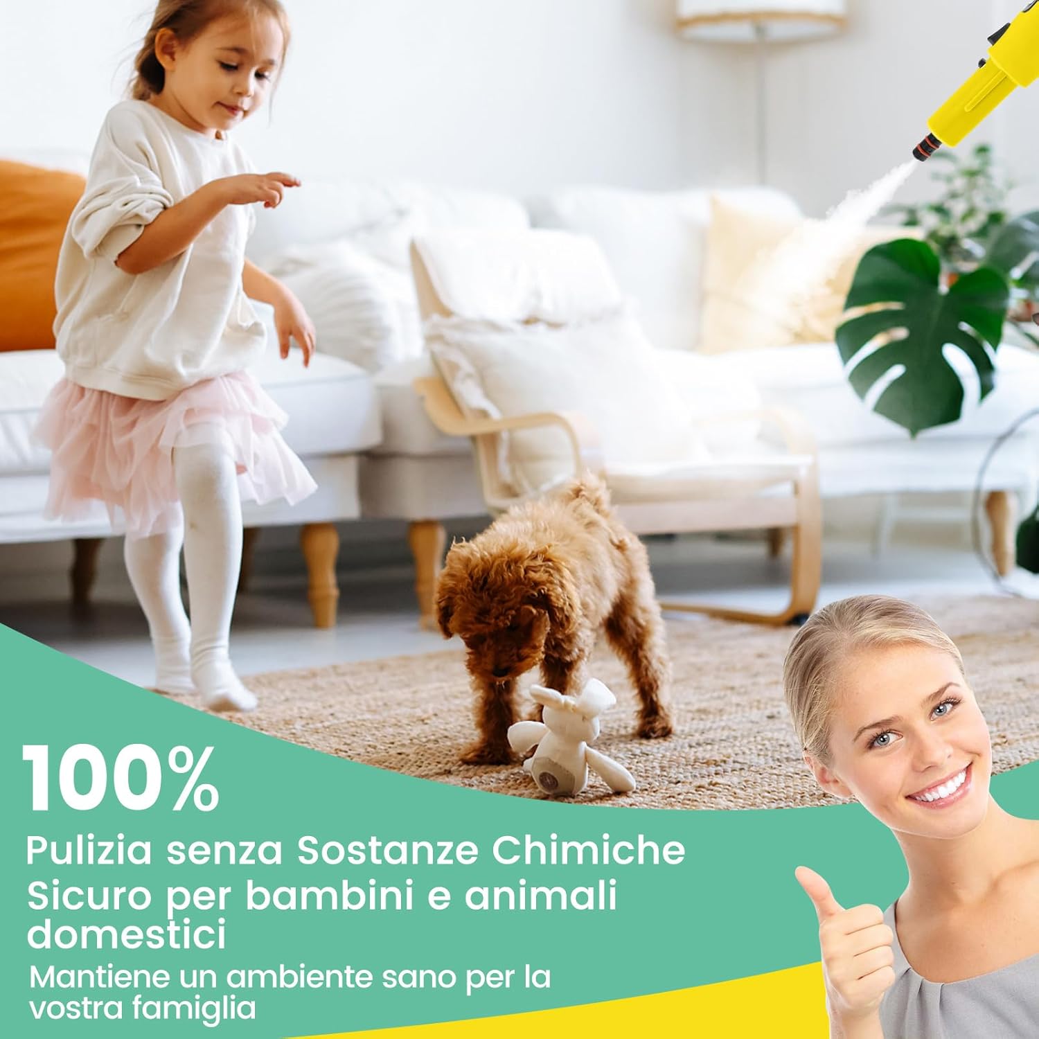 1500W Pulitore a Vapore Portatile, Macchina a Vapore con Serbatoio d'Acqua da 400 ml Blocco per Bambini e Kit di Accessori da 14 Pezzi, 33x13x24,5 cm (Giallo)