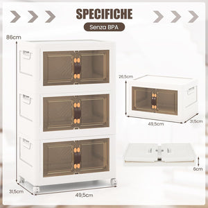 Set di Contenitori in PP, Contenitori Plastica con Coperchio, Scatola Portaoggetti Pieghevoli con Ruote, per Soggiorno, Camera da Letto, Cucina (L-Set di 3)