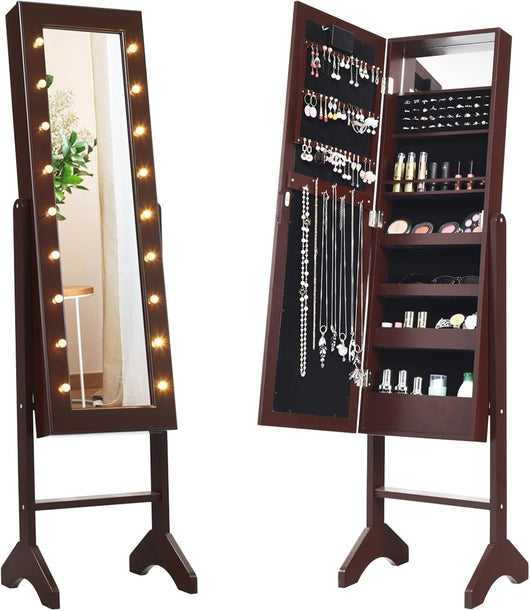 Portagioie Armadietto Specchiera con 18 Luci LED, Specchio a Figura Intera, Organizer per Gioielli Moderno Elegante, 145x35x31,5cm (Marrone)