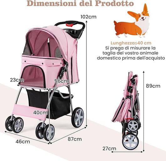 Passeggino per Cani Piccoli Pieghevole, Fino a 15 kg, Ruote 360° con Freni, Cuscino, Porta Doppio, Finestre, Cestino, Portabicchieri, Carrozzina Portatile (Rosa)