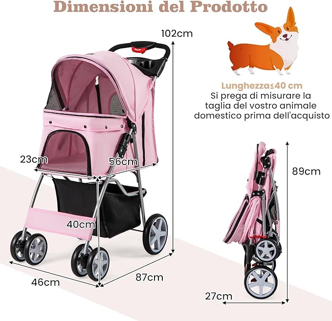 Passeggino per Cani Piccoli Pieghevole, Fino a 15 kg, Ruote 360° con Freni, Cuscino, Porta Doppio, Finestre, Cestino, Portabicchieri, Carrozzina Portatile (Rosa)