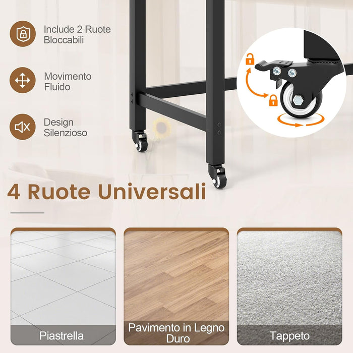 Scrivania per Ufficio e Casa, Scriviania con Ampio Piano, 4 Ruote Bloccabili, Borsa Rimovibile e Ganci per Cuffie, Scriviania per Computer di Metallo e Legno (Nero)
