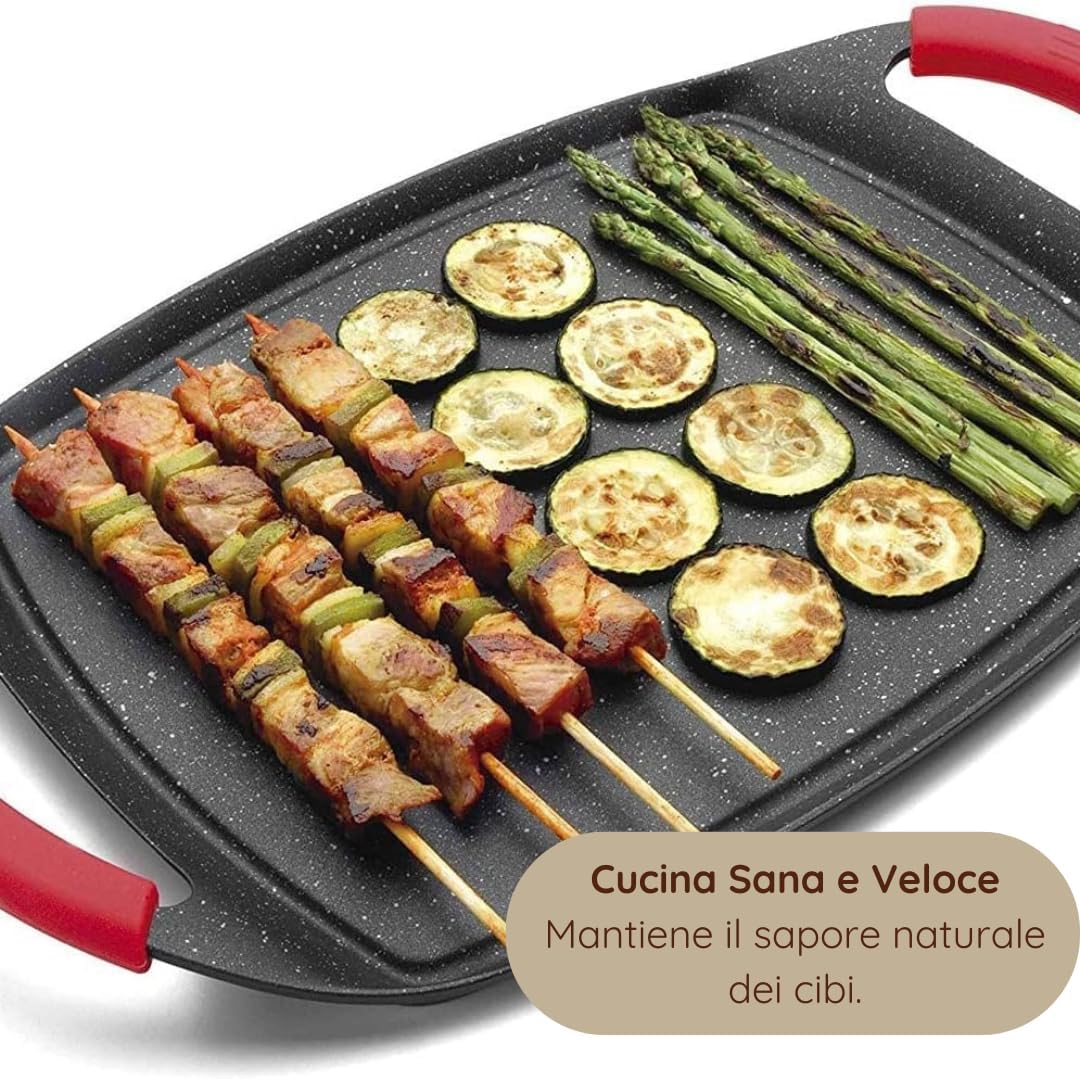 Padella Bistecchiera Antiaderente, 47cm in Alluminio Pressofuso, Rivestimento Effetto Marmo, Griglia Induzione per Carne, Pesce e Verdure.