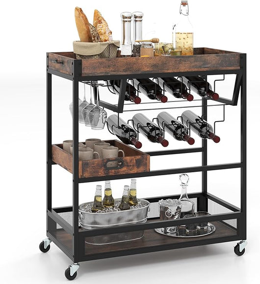 Carrello da Bar con Portabottiglie, Carrello Servizio Industriale a 3 Piani con Porta Calici e Vassoio Rimovibile, Ruote Bloccabili, 80,5x40,5x90 cm