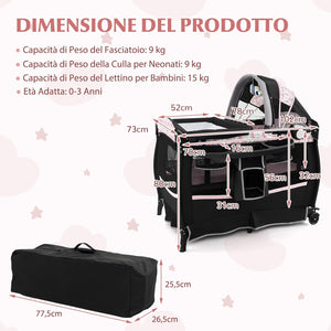 4 in 1 Lettino da Campeggio con Fasciatoio, Lettino Pieghevole per Bambini con Materasso, Centro Neonati con Culla, Box Musicale, Cappottina Regolabile, Borsa da Viaggio (Fiore Grande)