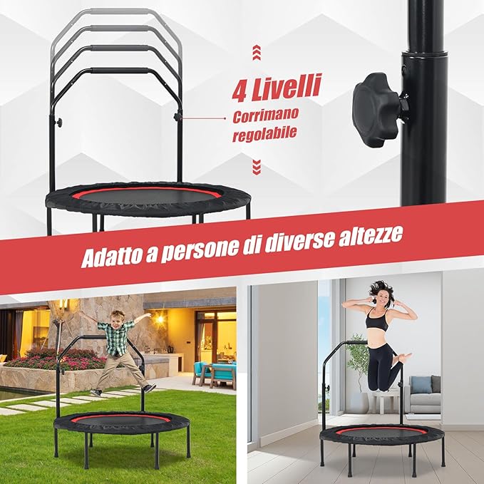 Mini Trampolino Pieghevole 101cm, Trampolino Fitness per Adulti e Bambini,con Maniglia Altezza Regolabile, Capacità di Carico 150 kg