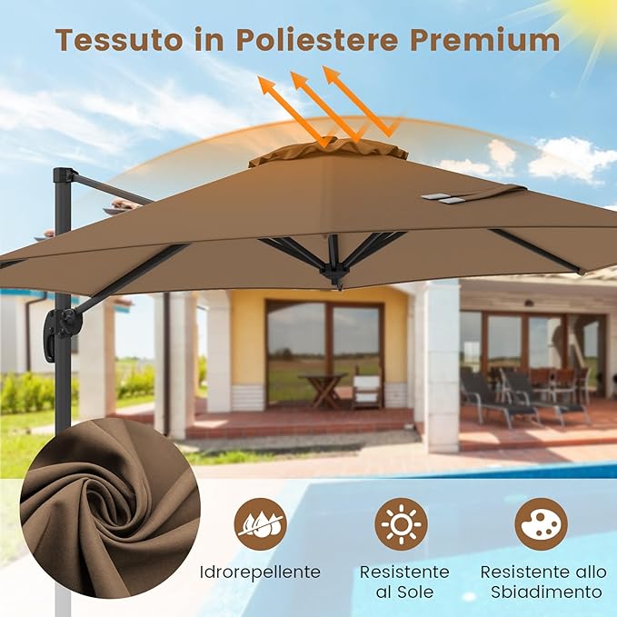 Ombrellone da Esterno 294 cm, Ombrellone con Rotazione a 360°, 5 Angoli di Inclinazione Regolabili, Base a Forma di Croce, 8 Stecche, Ombrellone per Giardino, Piscina, Cortile
