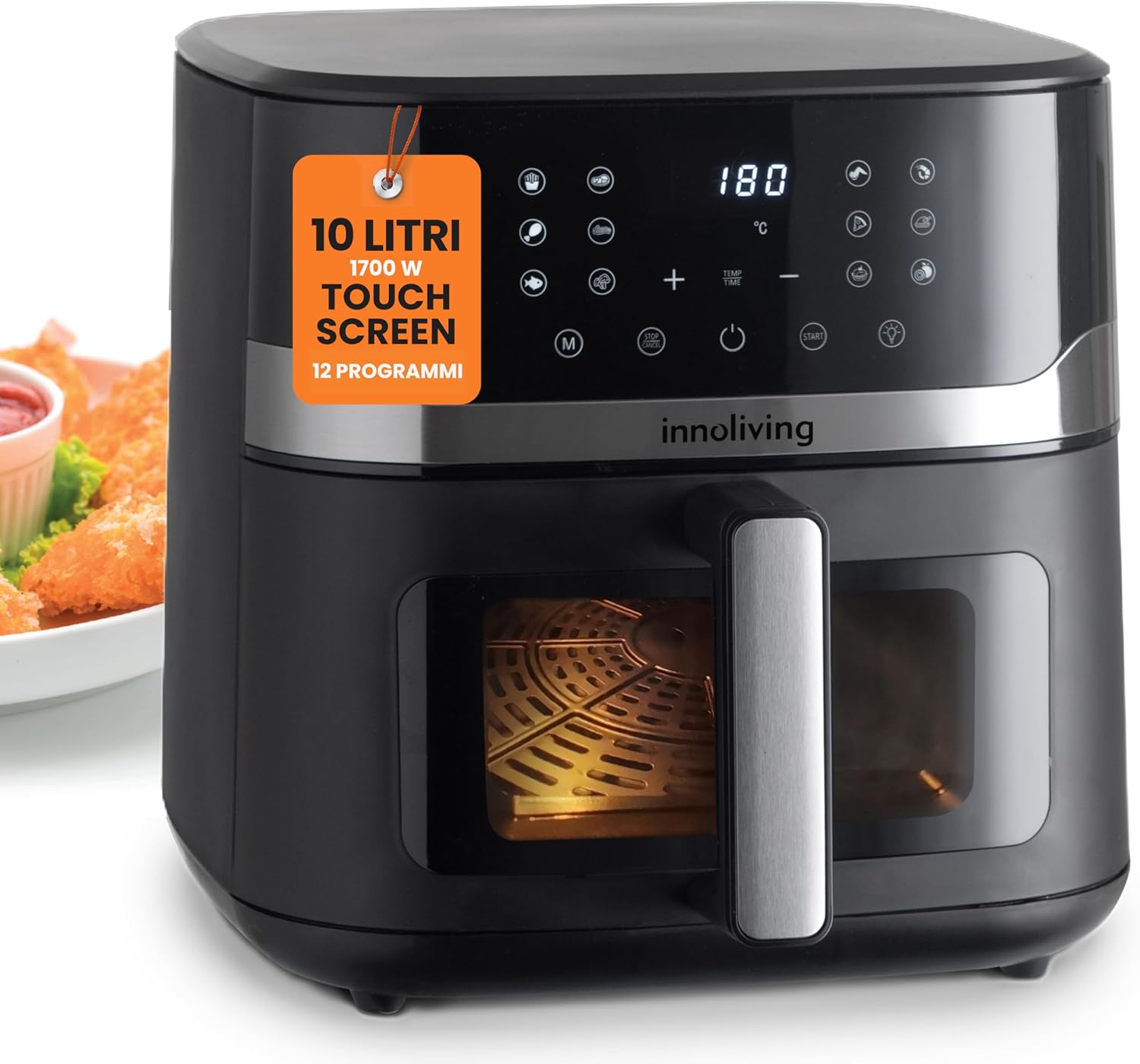 Innoliving Friggitrice ad Aria Digitale 10 Litri INN-892 con 12 Programmi Preimpostati, Touch Screen e Pannello Digitale, Finestra di Controllo e Luce Interna