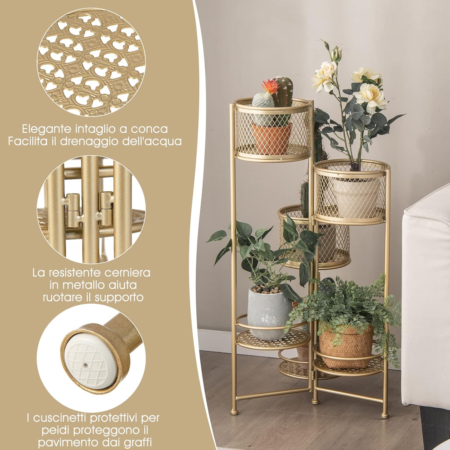 Porta Piante da Interno Pieghevole, Scaffale per Piante e Fiori in Metallo a 6 Livelli,Porta Vasi Salvaspazio da Balcone e Salotto, 41 x 39 x 82 cm (Oro)