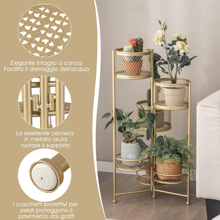 Porta Piante da Interno Pieghevole, Scaffale per Piante e Fiori in Metallo a 6 Livelli,Porta Vasi Salvaspazio da Balcone e Salotto, 41 x 39 x 82 cm (Oro)