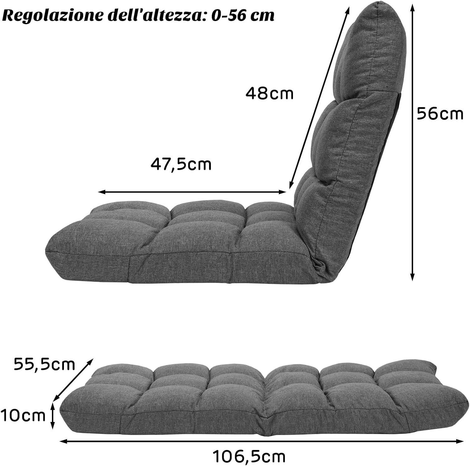 Sedia da Terra, Sedia da Pavimento con Posizioni Regolabili, Sedia Reclinabile Imbottita con Struttura in Acciaio Durevole, Facile da Conservare, Ideale per Salone Studio e Camera (Grigio)