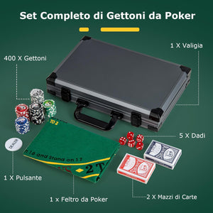 Set da Poker Completo con 400 Finches e 2 Mazzi di Poker, Valigetta in Alluminio con Tappetino, 5 Dadi e Bottone Dealer, Fish Poker per Texas Holdem e Blackjack