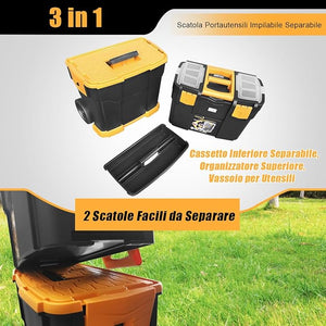 Trolley per Attrezzi 3 in 1, Portautensili a 3 Parti in PP con Ruote e Maniglia, Soluzione Portatile per Attrezzi da Officina e Garage, 46 x 28 x 66,5 cm, Nero e Giallo