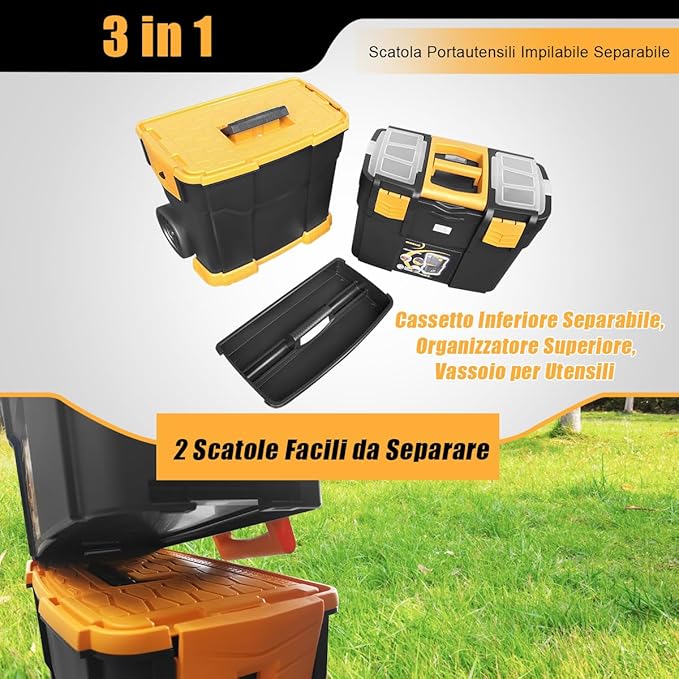 Trolley per Attrezzi 3 in 1, Portautensili a 3 Parti in PP con Ruote e Maniglia, Soluzione Portatile per Attrezzi da Officina e Garage, 46 x 28 x 66,5 cm, Nero e Giallo