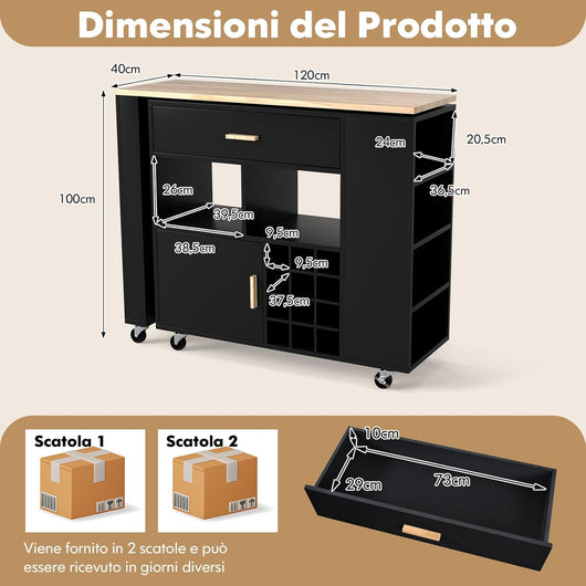 2 in 1 Carrello da Cucina, Carrello di Servizio Reversibile con Piano in Legno di Gomma, Ripiano Regolabile Porta Calici per 12 Bottiglie, 120x40x100 cm (Nero)