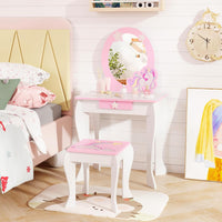 Set Toeletta per Ragazza, Toeletta Trucco per Bambini con Sgabello, Specchio Staccabile e Cassetto, Postazione Trucco in Legno per Cameretta 49.5 x 35.5 x 89cm (Bianco)