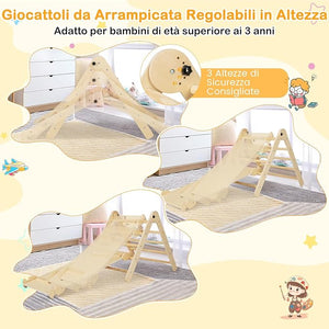 3 in 1 Set da Arrampicata per Bambini, Giocattoli da Arrampicata Triangolari Pieghevoli, Altezza Regolabili, con Scivolo/Rampe da Arrampicata, Carico 60 kg (Naturale)