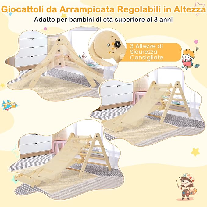 3 in 1 Set da Arrampicata per Bambini, Giocattoli da Arrampicata Triangolari Pieghevoli, Altezza Regolabili, con Scivolo/Rampe da Arrampicata, Carico 60 kg (Naturale)