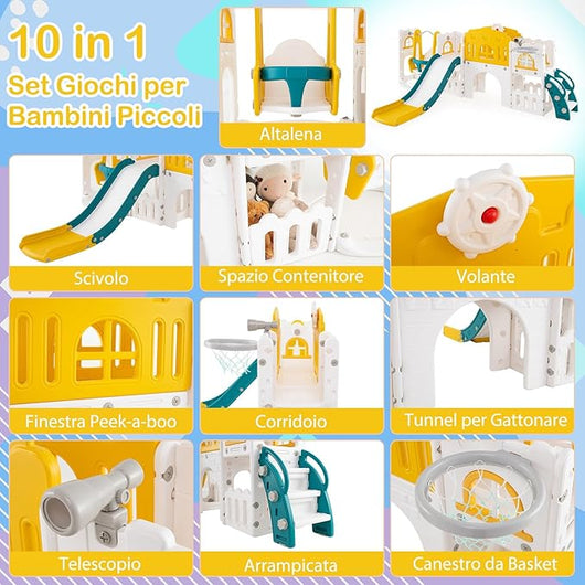 10 in 1 Parco Giochi per Bambini, Set Altalena e Scivolo con Canestro da Basket Telescopio Volante, Palestra da Gioco per Bambini 1 Anni + (Giallo)
