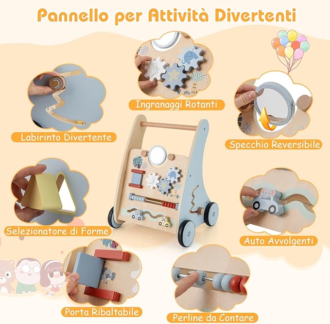 2 in 1 Girello Neonato in Legno, Carrello Primi Passi per Bambini, con Giocattoli Montessori, Scomparto Portaoggetti, per Bambini 3+ Anni