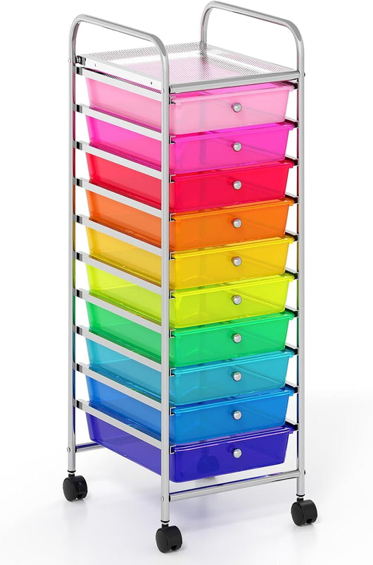 Carrello con cassetti impilabili 10/15, carrello da bagno con ruote universali bloccabili, carrello per cassetti per casa e ufficio, carrello portaoggetti su ruote (colorato, 10 cassetti)