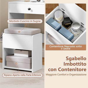 Set Tavolo da Toeletta con Luci, Set Tavolo e Sgabello con Stazione di Ricarica, Ripiano Regolabile, Luci a 3 Colori, Cassetto, Consolle Toeletta con Sgabello Portaoggetti, 90 x 40 x 135,5 cm