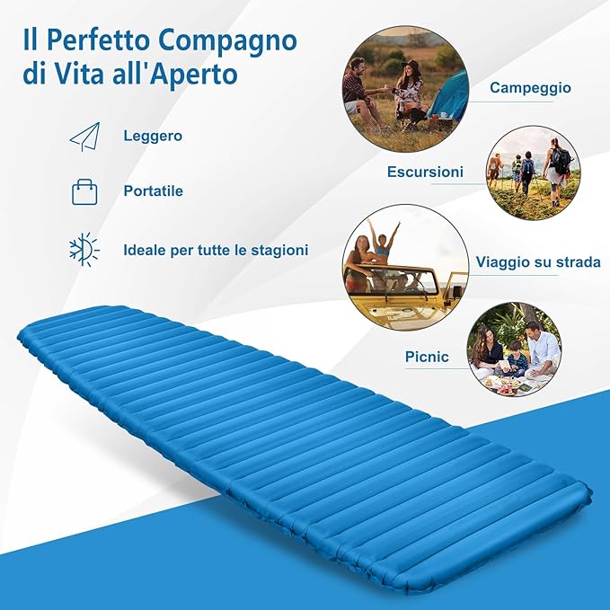 Materassino Gonfiabile da Campeggio, Materasso Gonfiabile Singolo Ultraleggero, Impermeabile Spessore 7 cm, Materassino Campeggio per Backpacking e Trekking, 197 x 63 x 7 cm