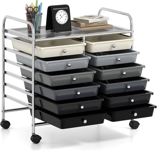 Carrello di Stoccaggio con 12 Cassetti, Carrello portaoggetti con 4 Ruote, Carrello Multiuso per Scuola Ufficio Cucina, 64 x 38 x 62 cm (12 cassetti Grigio sfumato)