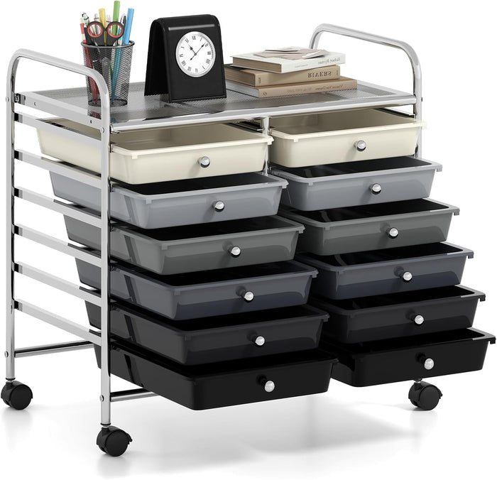 Carrello di Stoccaggio con 12 Cassetti, Carrello portaoggetti con 4 Ruote, Carrello Multiuso per Scuola Ufficio Cucina, 64 x 38 x 62 cm (12 cassetti Grigio sfumato)