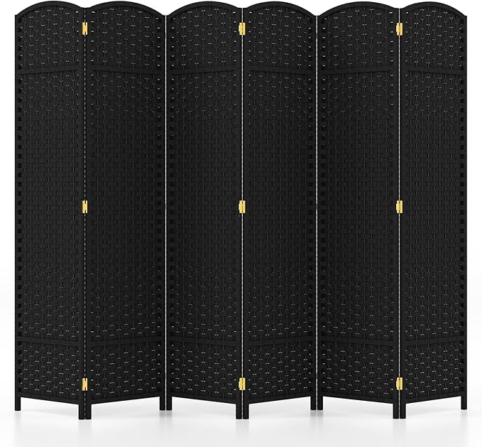 Paravento Pieghevole a 6 Pannelli, Pannelli Divisori da Interno con Texture Intrecciata a Mano e Telaio in Legno, Separé Divisorio a Parete Autoportante per Casa, Ufficio e Negozio (Nero)
