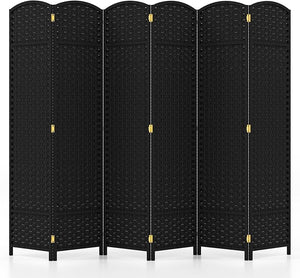 Paravento Pieghevole a 6 Pannelli, Pannelli Divisori da Interno con Texture Intrecciata a Mano e Telaio in Legno, Separé Divisorio a Parete Autoportante per Casa, Ufficio e Negozio (Nero)