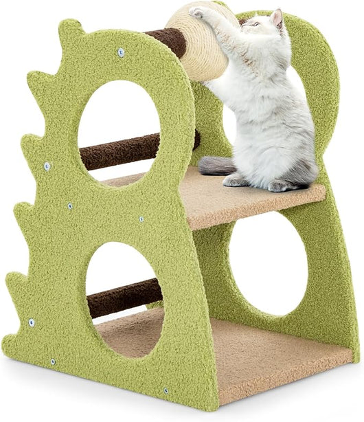 Albero Tiragraffi Moderno a 2 Livelli da Interno, Torre per Gatti a Forma di Dinosauro con Palla Girevole in Sisal, Tessuto Peluche Morbido e Tiragraffi, Centro Attività per Gatti