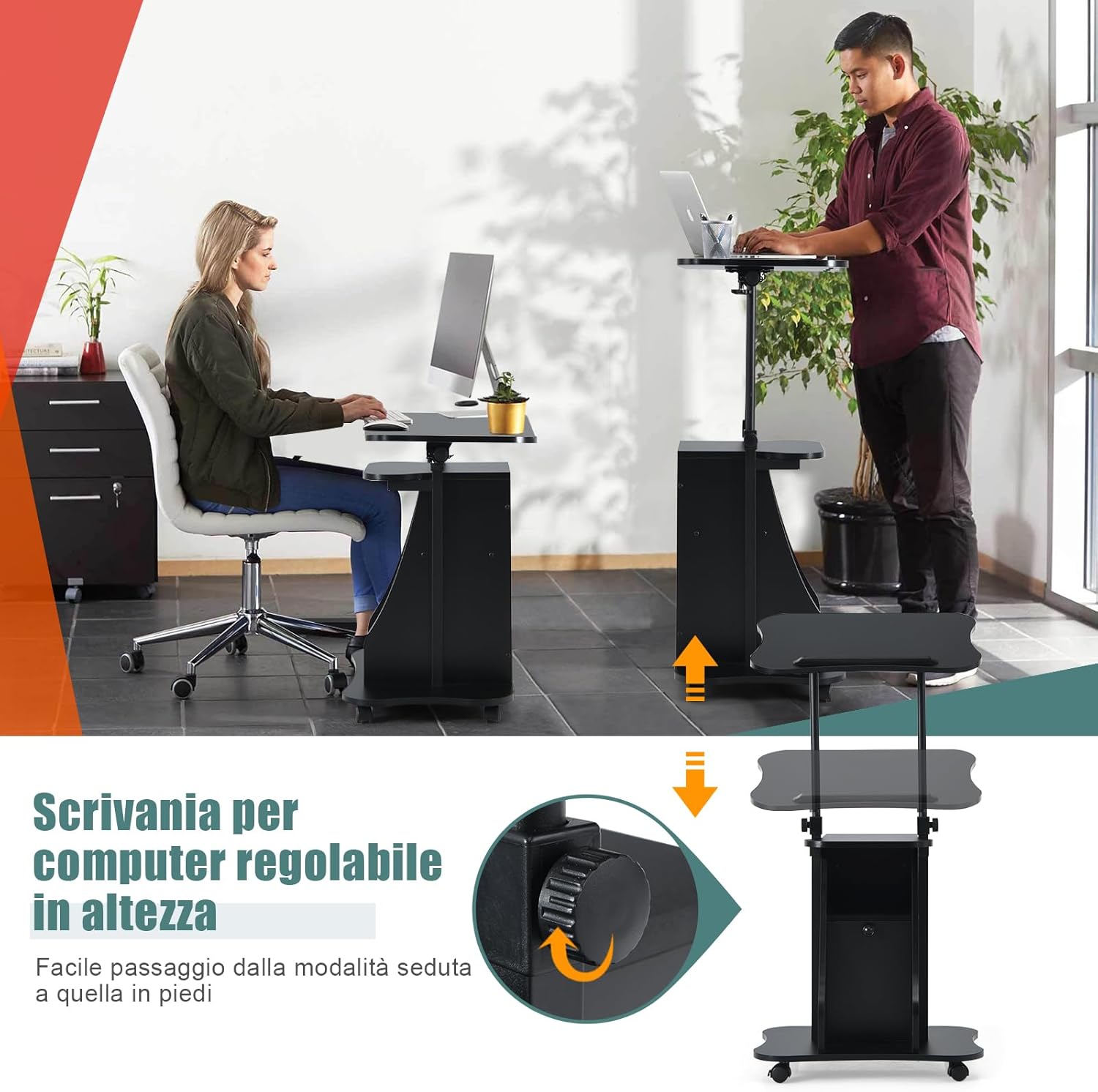 Scrivania Regolabile in Altezza con Ruote, Standing Desk Mobile con Piano Inclinabile e Scomparti, Scrivania per Laptop Ergonomica con Rotelle per Ufficio e Casa, Nera