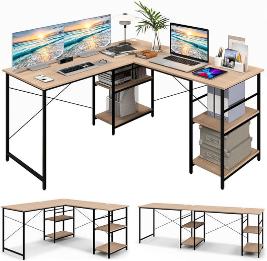 Scrivania angolare a forma di L, tavolo per computer convertibile con 4 ripiani e 3 fori per cavi, scrivania da gioco e scrittura per ufficio a casa (naturale)