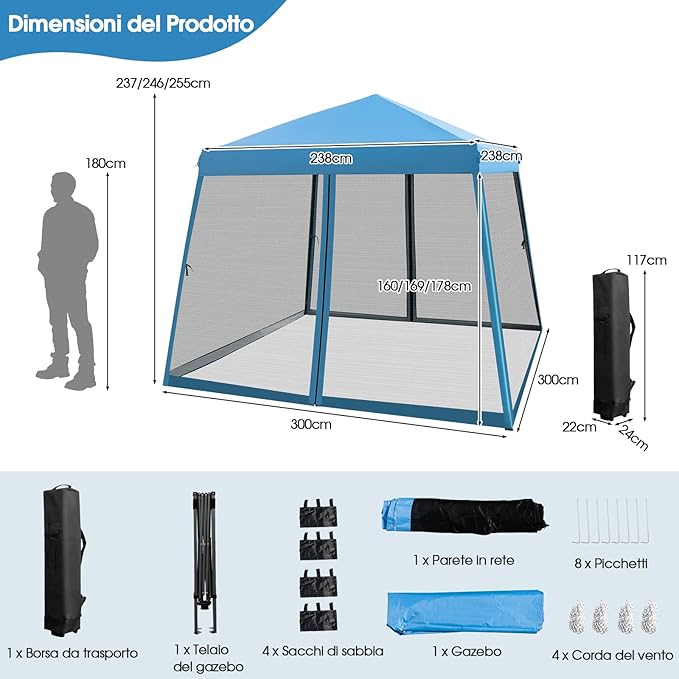 Gazebo Pop-up da Giardino 3 x 3 m, Tenda per Feste con Altezza Regolabile (237/255/246 cm), Gazebo Pieghevole da Esterno con Rete Impermeabile, per Campeggio, Giardino, Mercato (Blu)