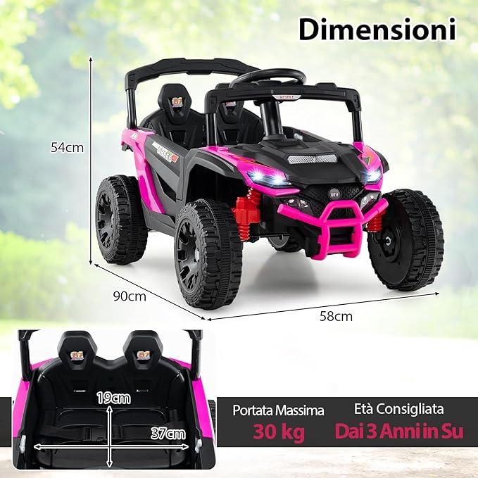 12V Macchina Elettrcia per Bambini, UTV Auto Elettrica con Telecomando, 3 Velocità, Luci LED, Musica, Clacson e Sospensioni a Molla, 3-5 km/h, Ideale per Bambini 3 Anni+ (Rosa)