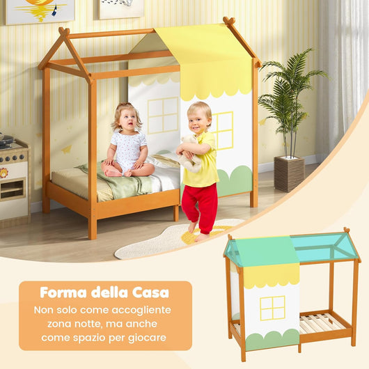 Letto per Bambini con Tetto, Letto con Tendina Rimovibile e 12 Doghe in Legno Massello, Letto Struttura per Bambini 1-6 Anni, 152x82x150 cm, Carico 100 kg