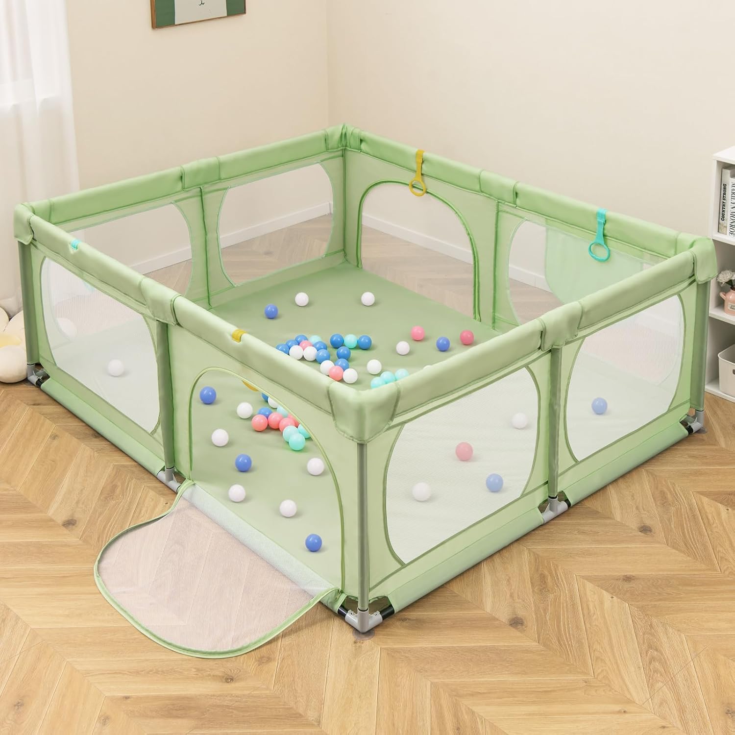 Recinto per Bambini, Box per Bambini con Rete Traspirante, Centro Attività per Bambini con 50 Palline, Box Giochi per Bambini 0-3 Anni (Verde, 189 x 158 cm)