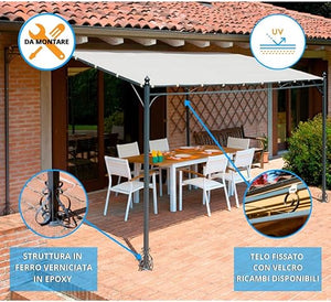 Pergola da parete 3×2,5mt gazebo in ferro con telo ecrù 180gr poliestere Tomaino