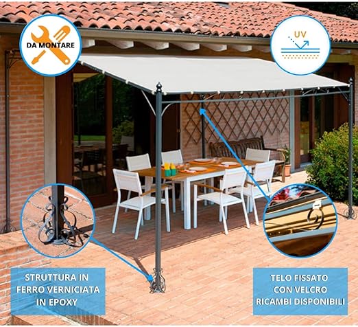 Pergola rettangolare parete 3x4 mt da esterno giardino in ferro telo ecrù 180gr resinato Tomaino