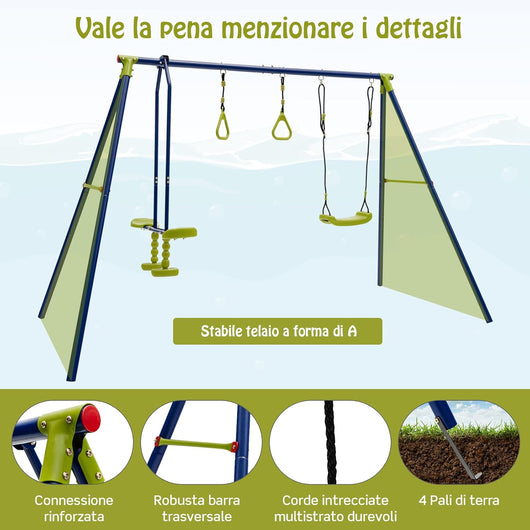 Altalena da Giardino per Bambini, Supporto per Altalena 3 in 1 con Altalena, Anelli da Ginnastica, Capacità 150 kg, per Cortile, Giardino, Parco, 3+Anni