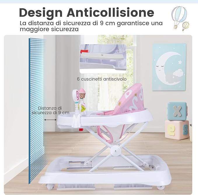 Girello per Bambini, Girello Pieghevole con Ruote, Altezza Regolabile di 3 Livelli, Cuscino del Sedile Rimovibile, per Bambini 6-36 Mesi (Rosa)