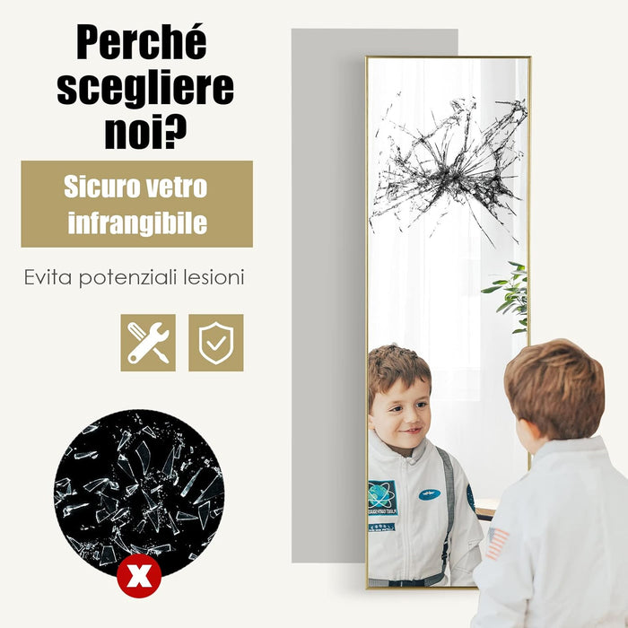 Specchio da Parete Lungo, Specchio da Terra Appendere con Cornice in Lega di Alluminio e Ganci, Per Camera da Letto e Soggiorno, 120 x 37 cm (Oro)