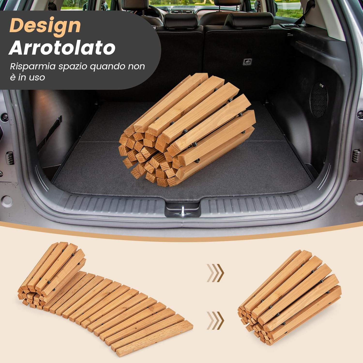 Sentiero da Giardino in Legno, Passerella Curvo da Esterno con Superficie Antiscivolo e Fili Metallici, Design Arrotolabile, per Patio Cortile e Spiaggia, Naturale (216 x 53 cm)