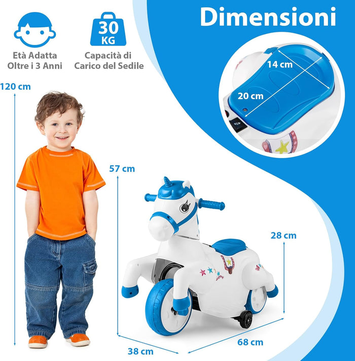 12V Giocattolo Unicorn a Cavallo, Macchina Cavalcabile con Ruote di Addestramento Modalità di Equitazione, Musica Panello LED, Cavallo a Motore per Bambini 3 Anni+ (Blu)