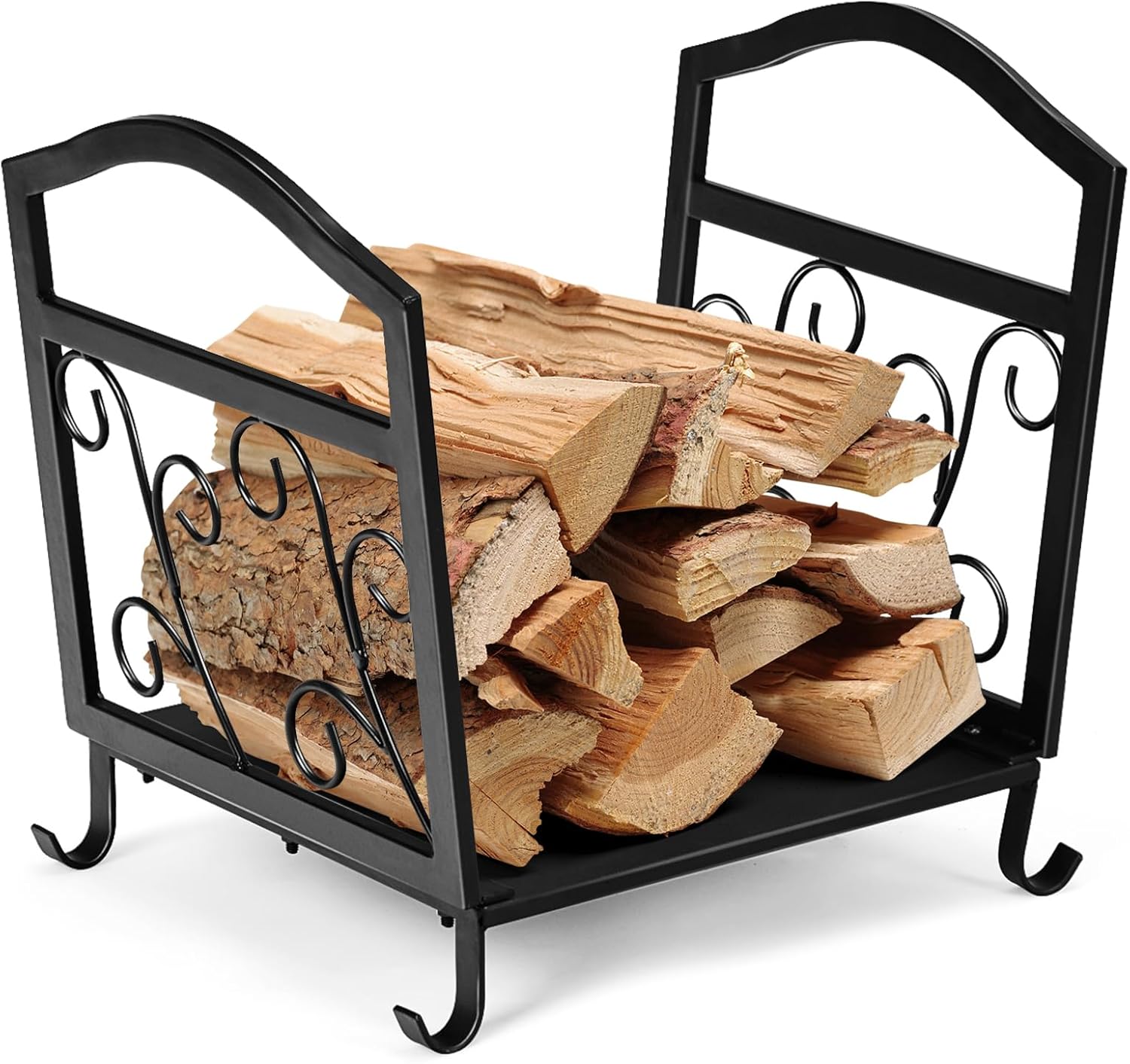 Porta Legna da Ardere per Interni ed Esterni, Portelegna in Metallo con Piedini Rialzati e Motivi Eleganti, Porta Ceppi Decorativi per Caminetti, 43 x 32,5 x 40 cm